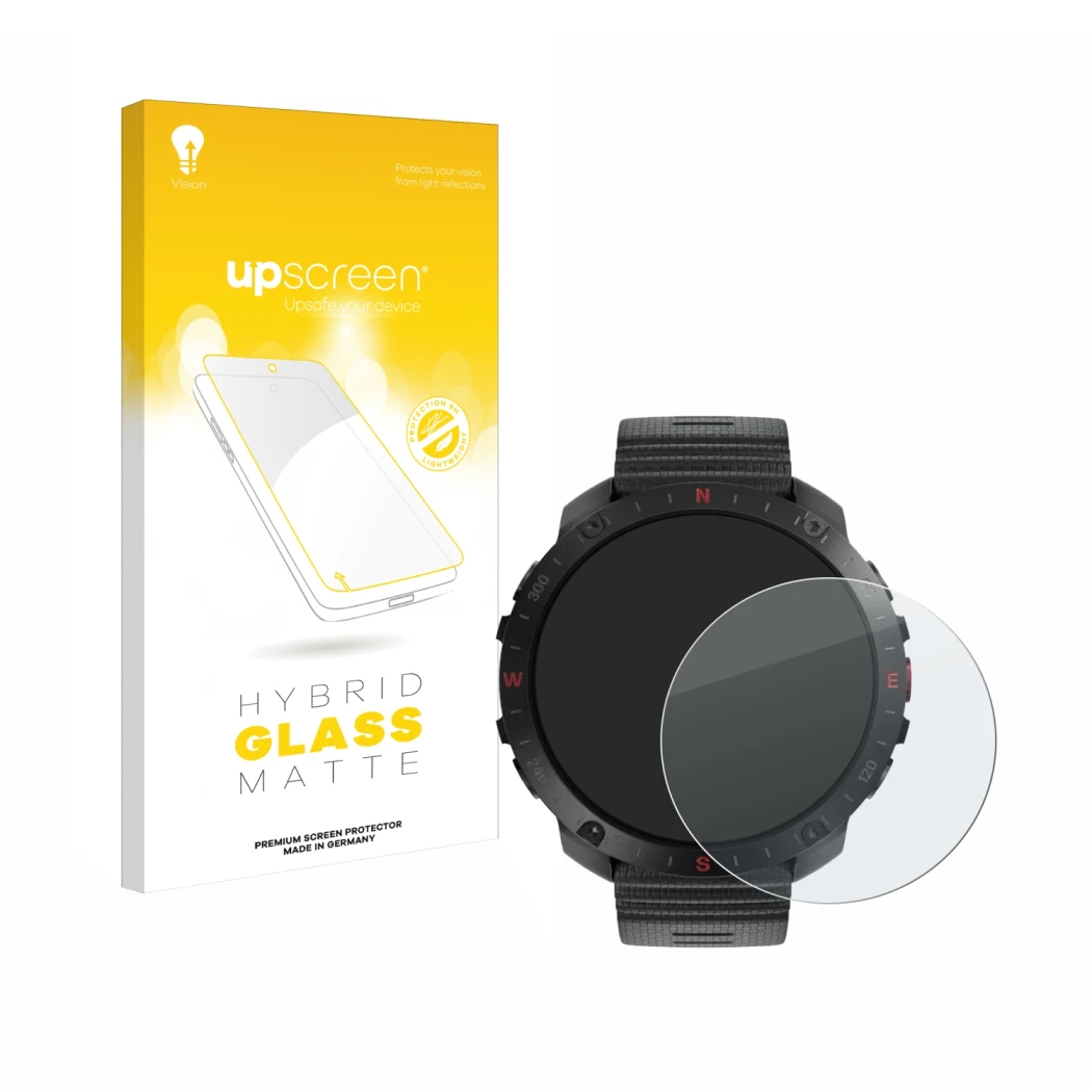 Parte frontale di una confezione del prodotto con il logo del marchio upscreen. Accanto è raffigurato il dispositivo Polar Gri