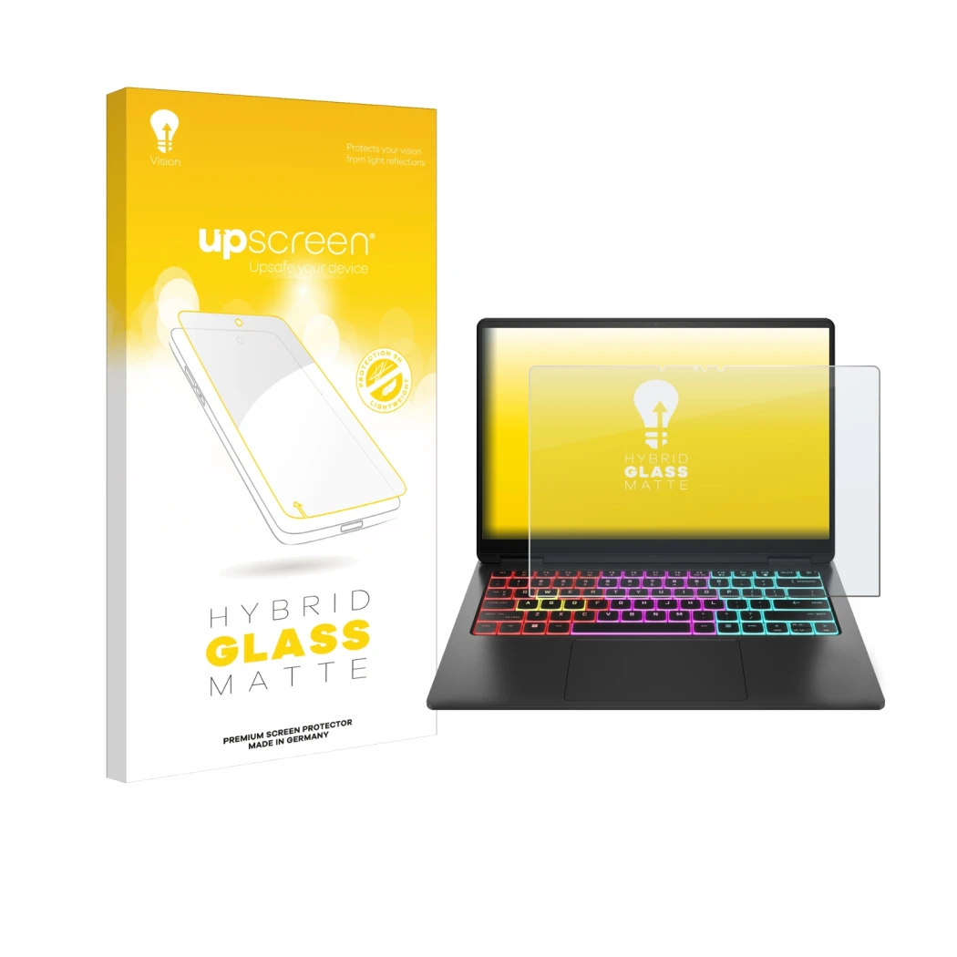 Parte frontale di una confezione del prodotto con il logo del marchio upscreen. Accanto è raffigurato il dispositivo HP Omen T