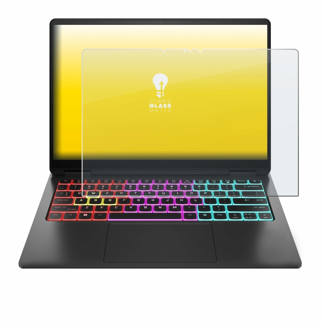 Immagine del dispositivo HP Omen Transcend 14 con un'ampia varietà di protezioni per lo schermo.