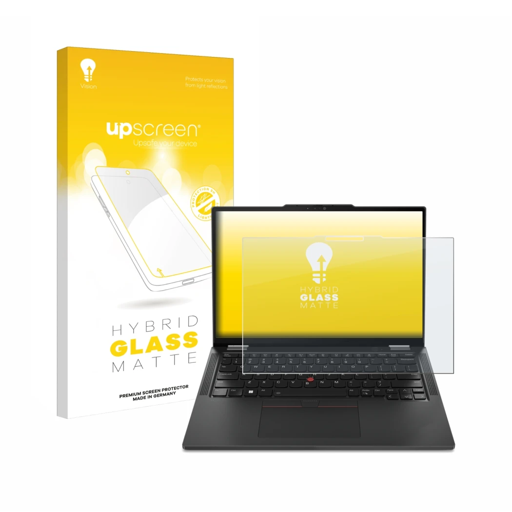 Parte frontale di una confezione del prodotto con il logo del marchio upscreen. Accanto è raffigurato il dispositivo Lenovo Th