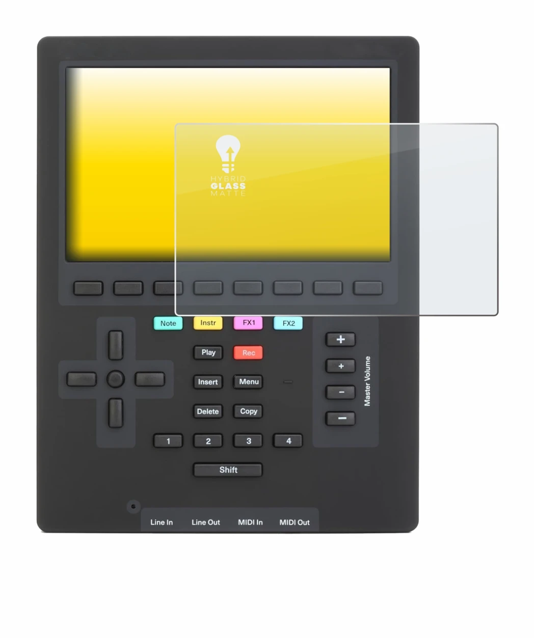 Immagine del dispositivo Polyend Tracker Mini con un'ampia varietà di protezioni per lo schermo.