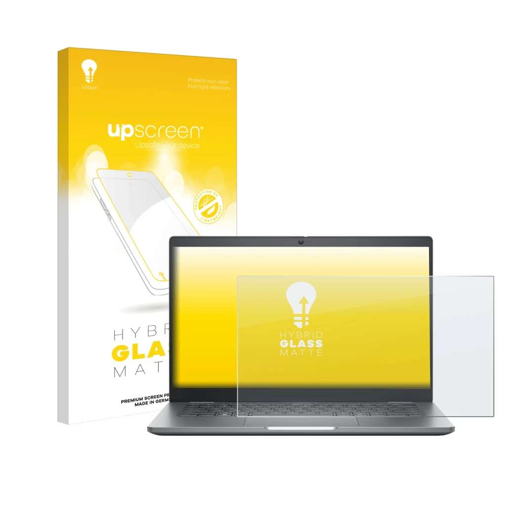 Parte frontale di una confezione del prodotto con il logo del marchio upscreen. Accanto è raffigurato il dispositivo Dell Lati