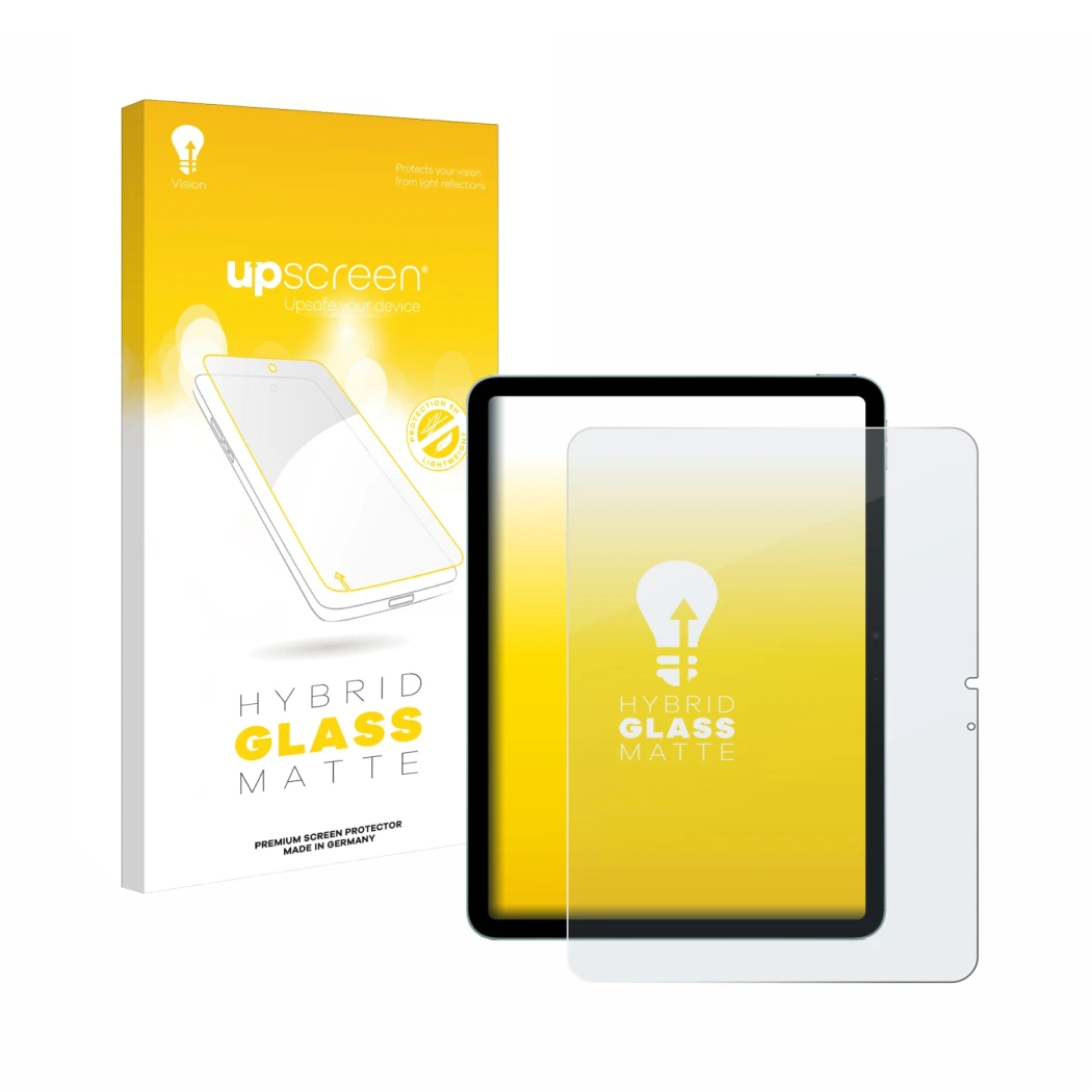 Parte frontale di una confezione del prodotto con il logo del marchio upscreen. Accanto è raffigurato il dispositivo Apple iPa