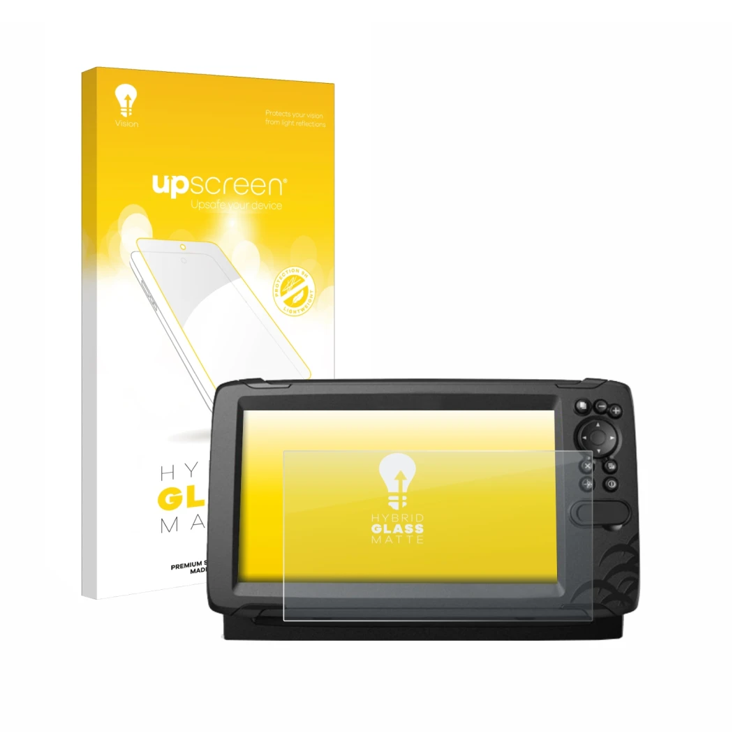 Parte frontale di una confezione del prodotto con il logo del marchio upscreen. Accanto è raffigurato il dispositivo Lowrance 