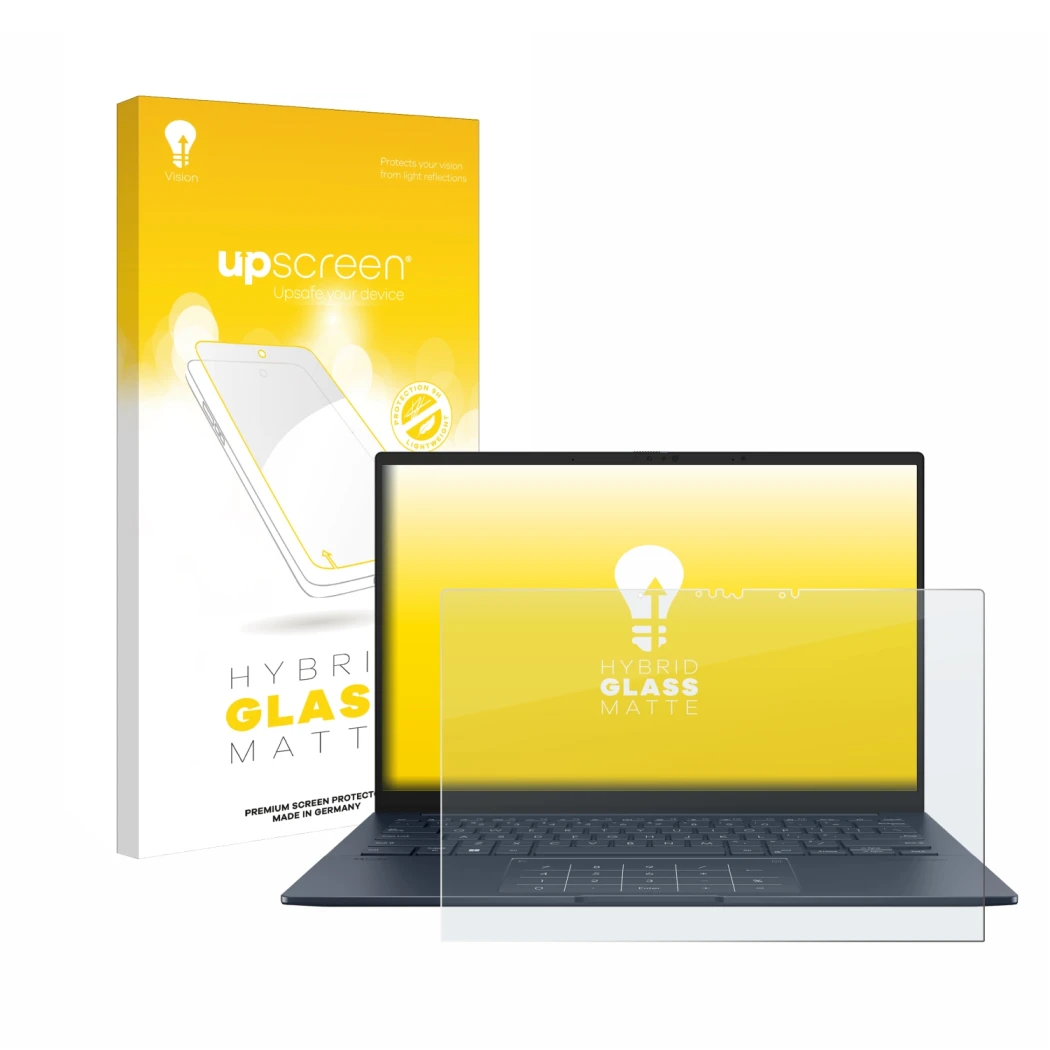 Parte frontale di una confezione del prodotto con il logo del marchio upscreen. Accanto è raffigurato il dispositivo ASUS ZenB