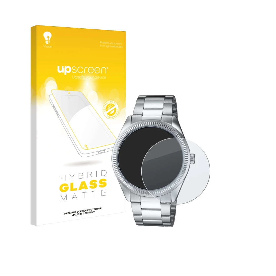 Parte frontale di una confezione del prodotto con il logo del marchio upscreen. Accanto è raffigurato il dispositivo Casio MTP