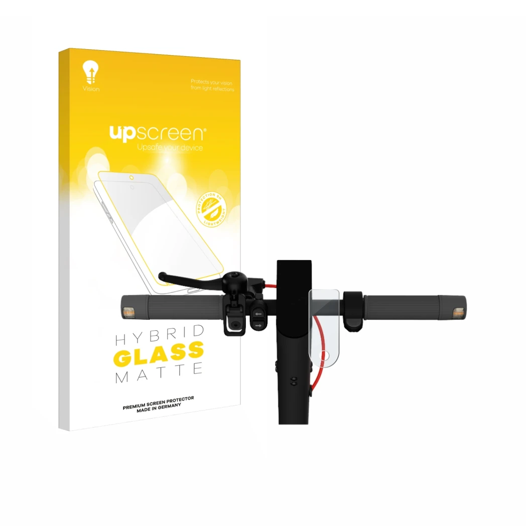 Parte frontale di una confezione del prodotto con il logo del marchio upscreen. Accanto è raffigurato il dispositivo Xiaomi Mi