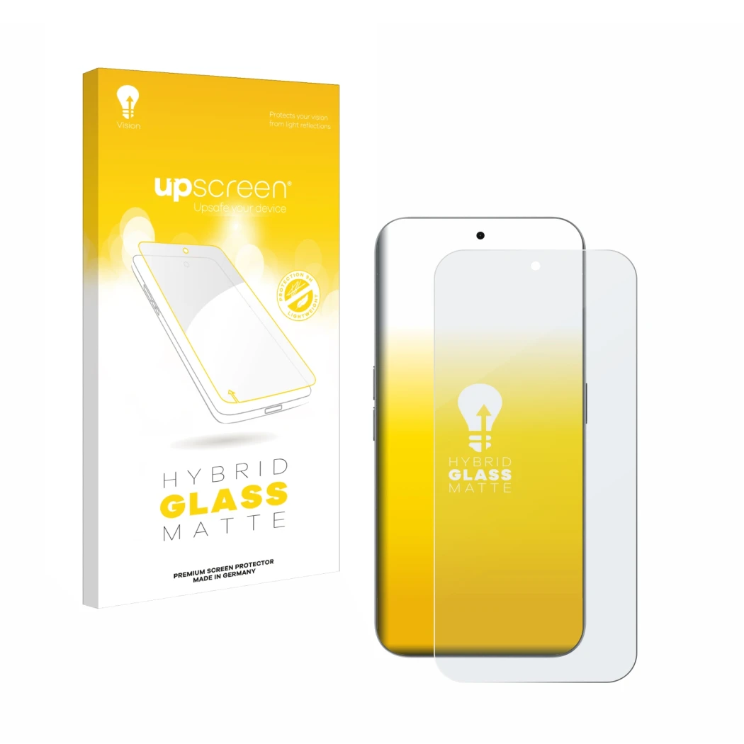 Parte frontale di una confezione del prodotto con il logo del marchio upscreen. Accanto è raffigurato il dispositivo Nothing P