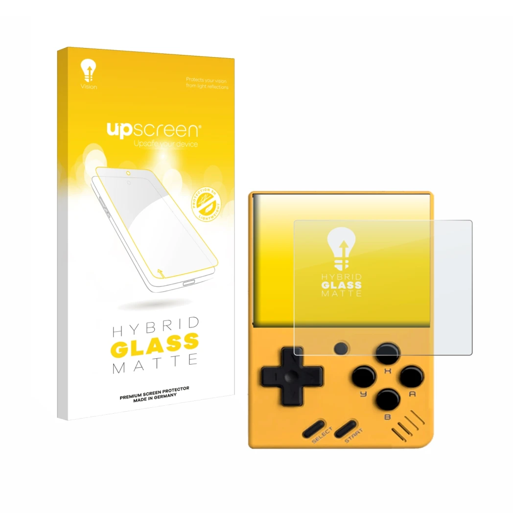 Parte frontale di una confezione del prodotto con il logo del marchio upscreen. Accanto è raffigurato il dispositivo Miyoo Min