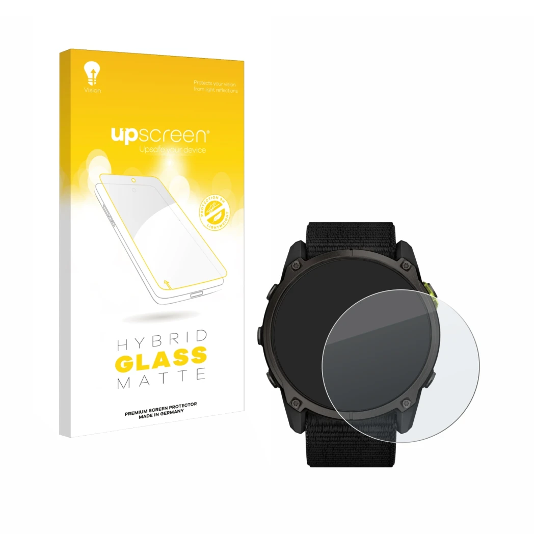 Parte frontale di una confezione del prodotto con il logo del marchio upscreen. Accanto è raffigurato il dispositivo Garmin En