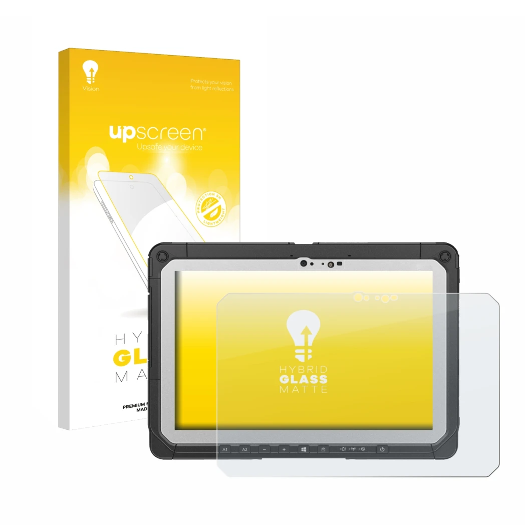 Parte frontale di una confezione del prodotto con il logo del marchio upscreen. Accanto è raffigurato il dispositivo Panasonic