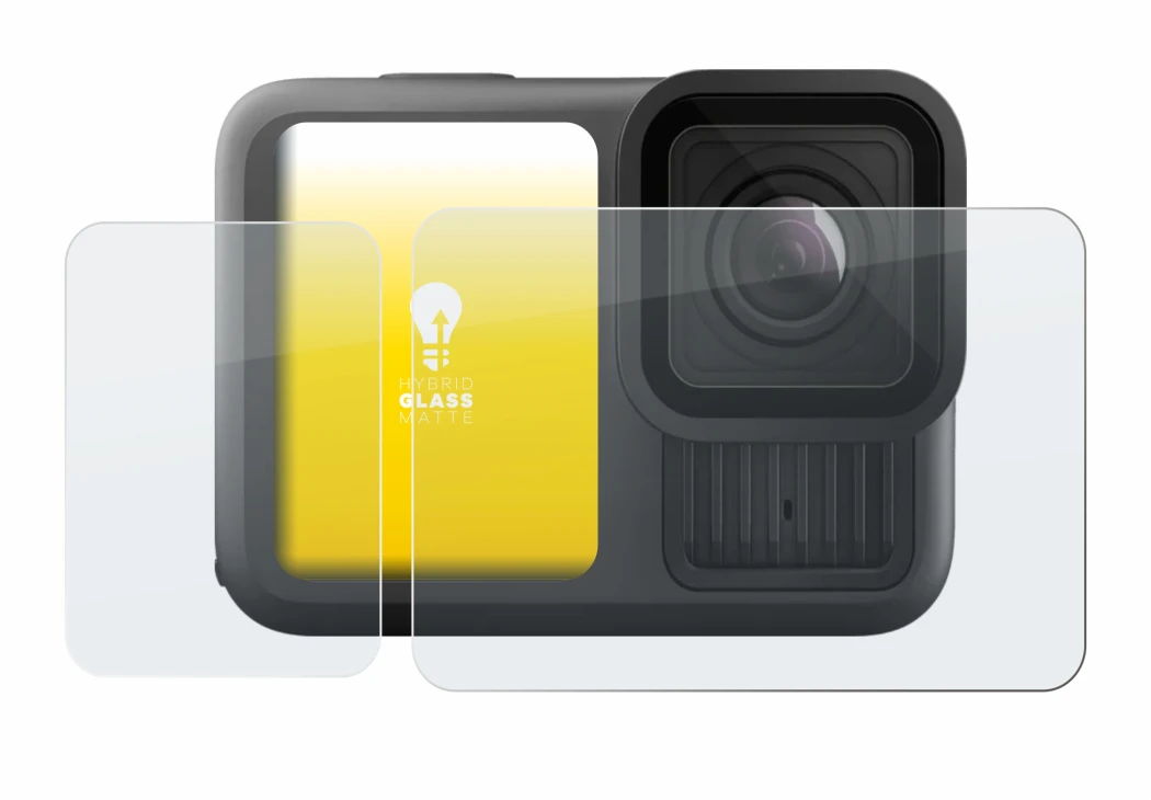 Immagine del dispositivo GoPro Hero 13 Black con un'ampia varietà di protezioni per lo schermo.