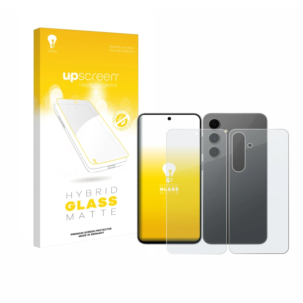 Parte frontale di una confezione del prodotto con il logo del marchio upscreen. Accanto è raffigurato il dispositivo Samsung G