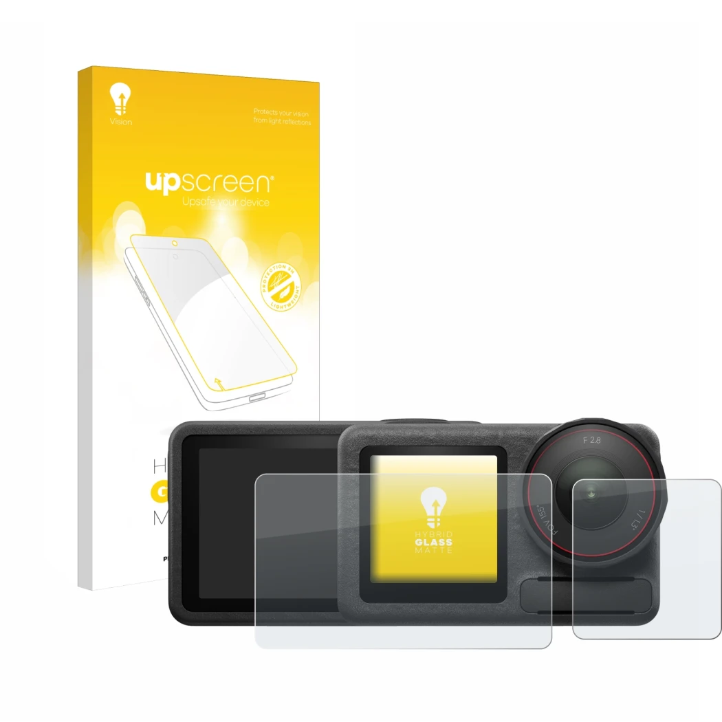 Parte frontale di una confezione del prodotto con il logo del marchio upscreen. Accanto è raffigurato il dispositivo DJI Osmo 