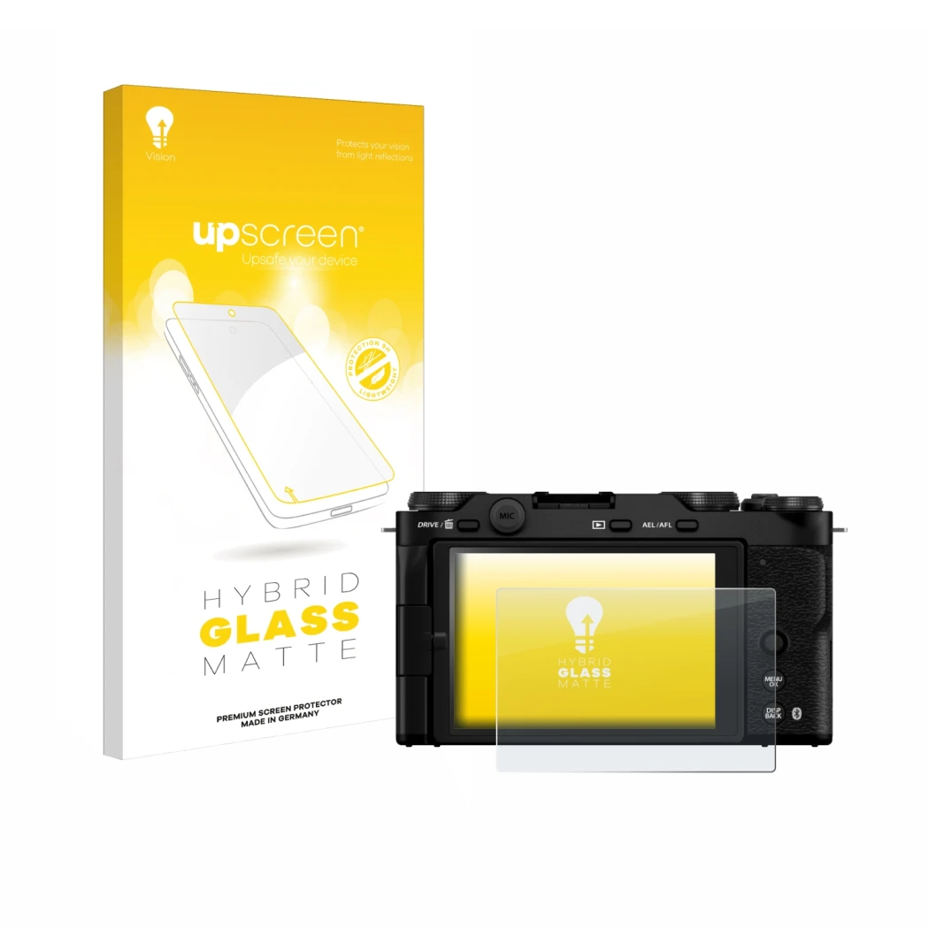 Parte frontale di una confezione del prodotto con il logo del marchio upscreen. Accanto è raffigurato il dispositivo Fujifilm 