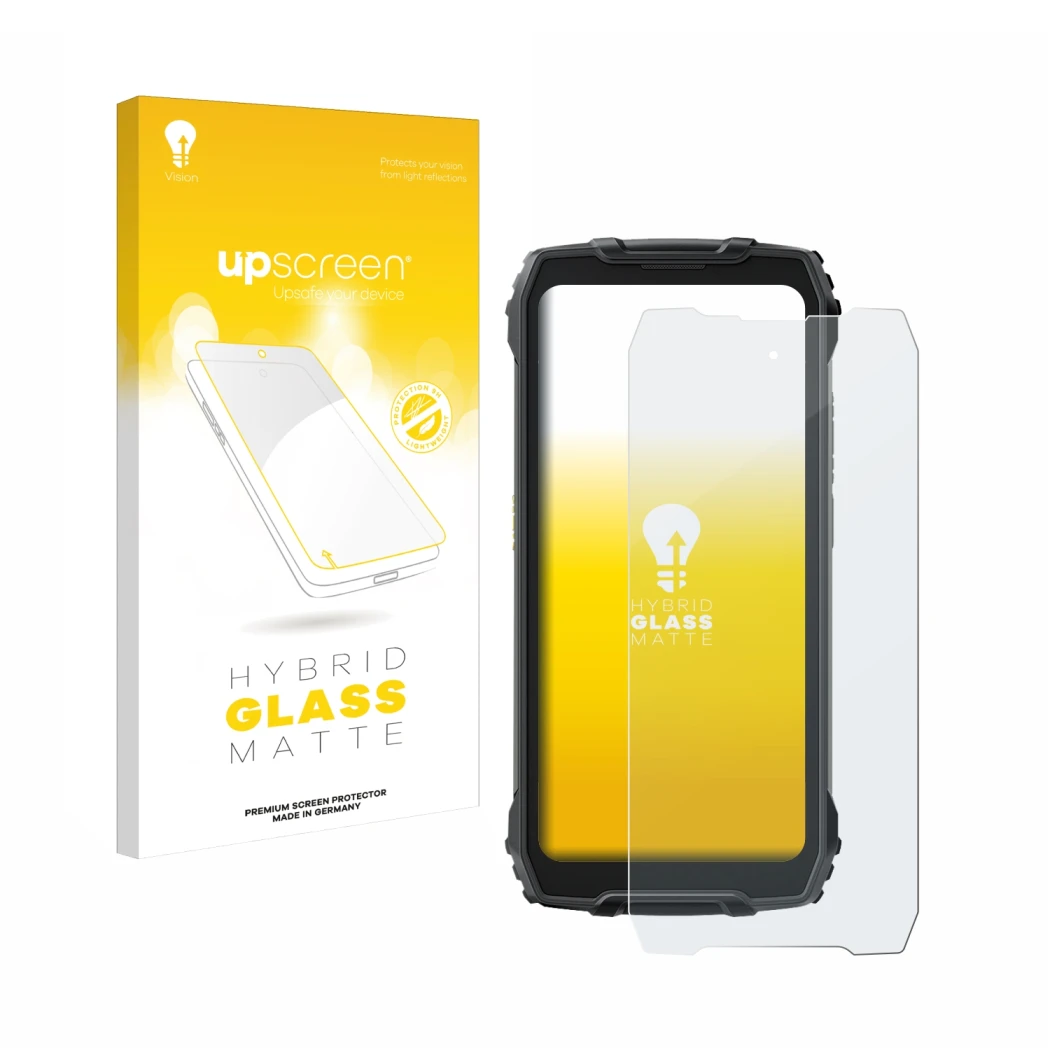 Parte frontale di una confezione del prodotto con il logo del marchio upscreen. Accanto è raffigurato il dispositivo Blackview