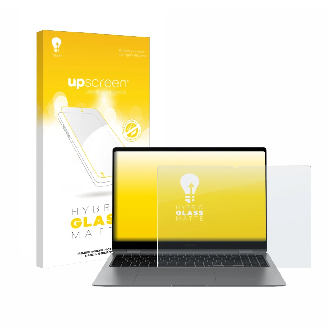 Parte frontale di una confezione del prodotto con il logo del marchio upscreen. Accanto è raffigurato il dispositivo Samsung G