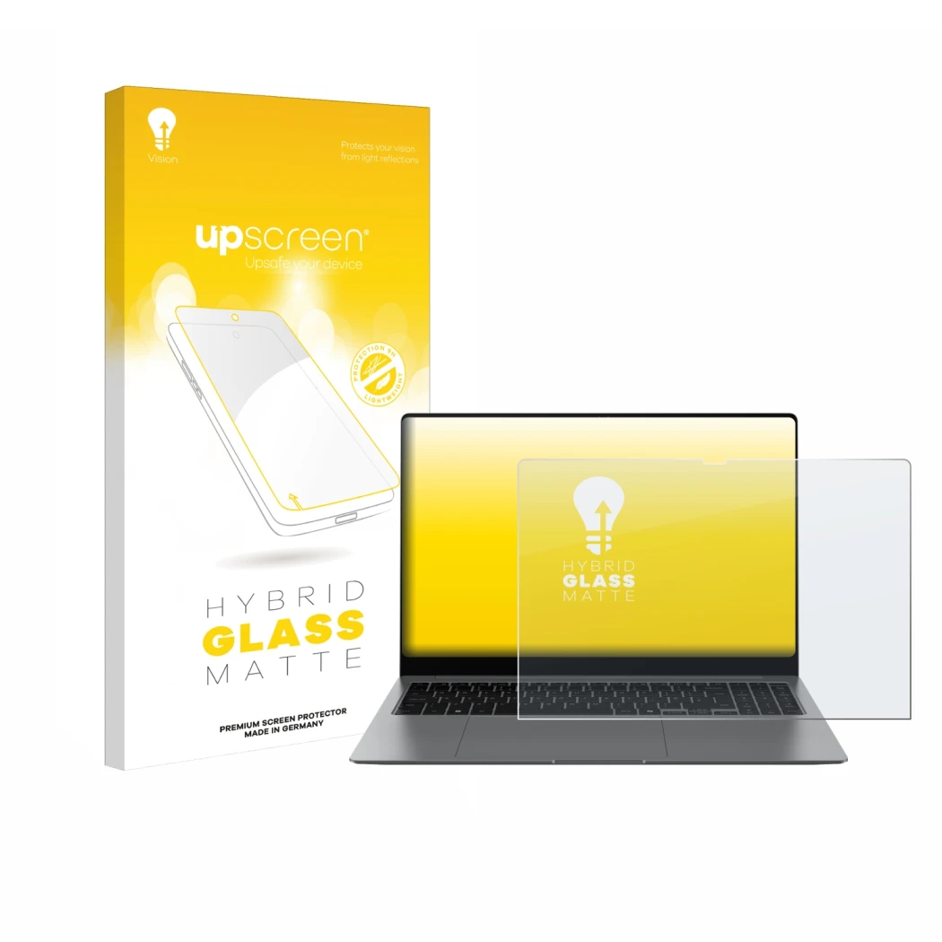 Parte frontale di una confezione del prodotto con il logo del marchio upscreen. Accanto è raffigurato il dispositivo Samsung G