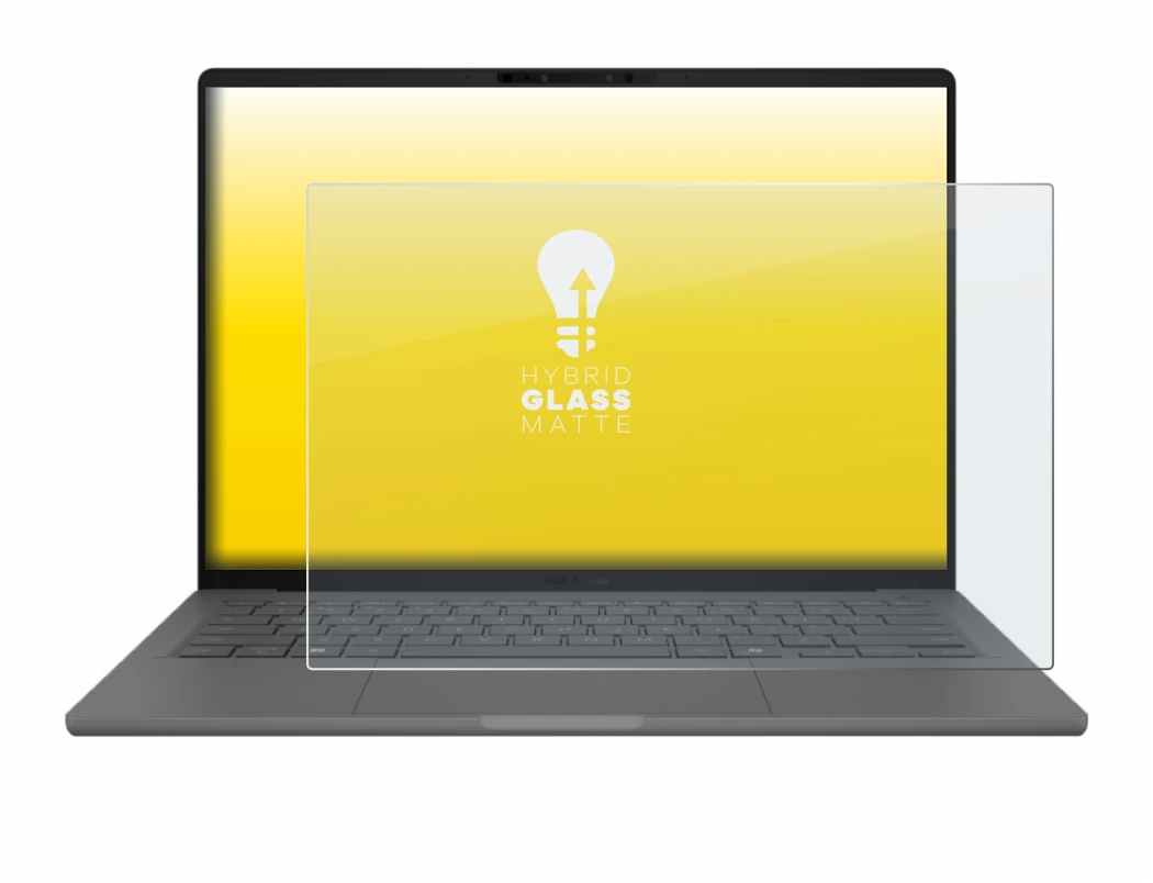 Immagine del dispositivo ASUS ZenBook A14 UX3407 con un'ampia varietà di protezioni per lo schermo.