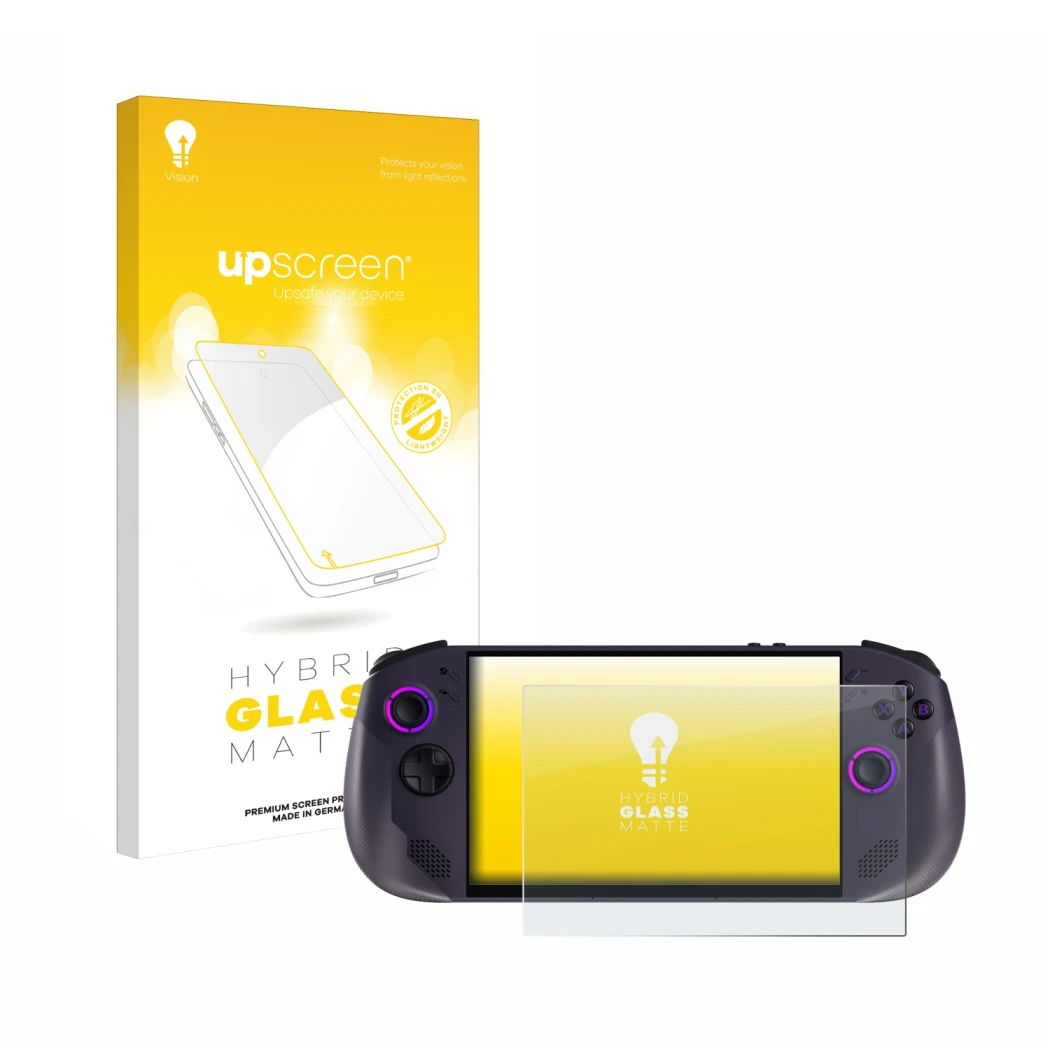 Parte frontale di una confezione del prodotto con il logo del marchio upscreen. Accanto è raffigurato il dispositivo Lenovo Le