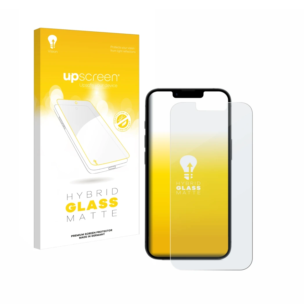 Parte frontale di una confezione del prodotto con il logo del marchio upscreen. Accanto è raffigurato il dispositivo Apple iPh