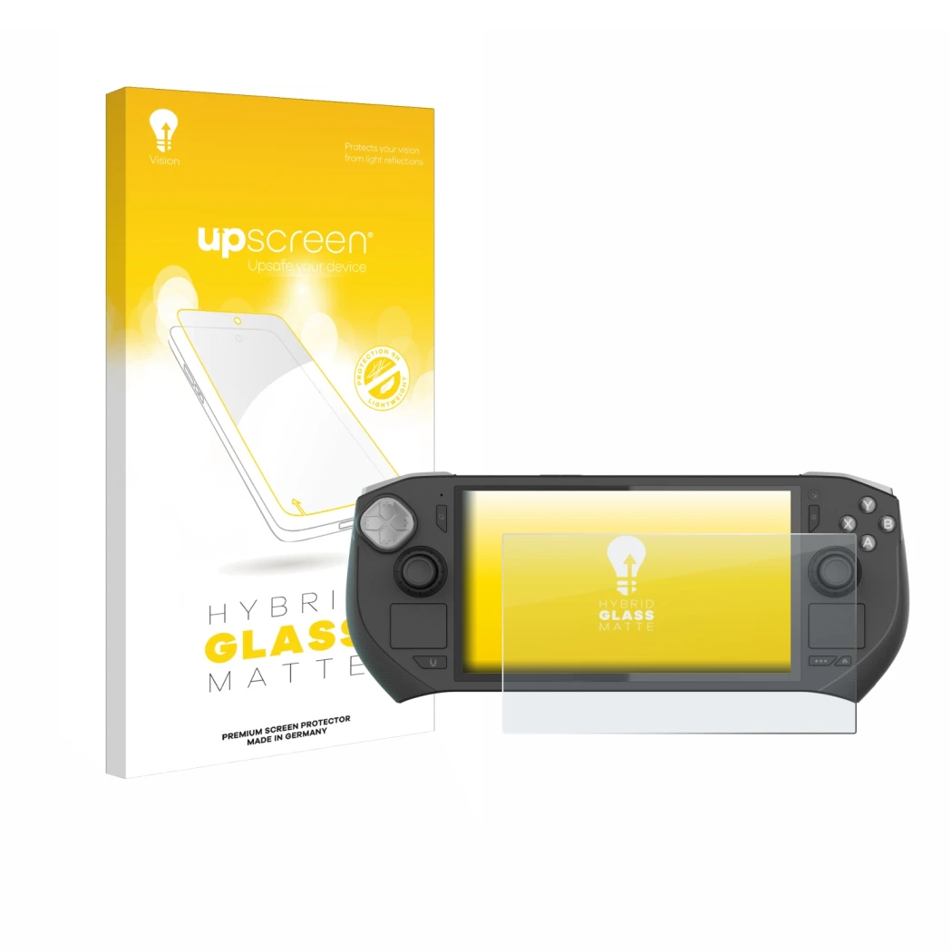 Parte frontale di una confezione del prodotto con il logo del marchio upscreen. Accanto è raffigurato il dispositivo Zotac Gam