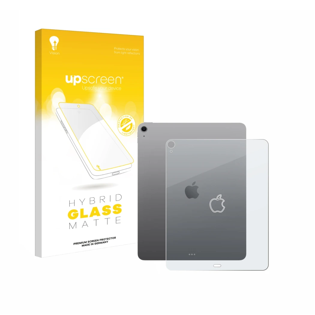 Parte frontale di una confezione del prodotto con il logo del marchio upscreen. Accanto è raffigurato il dispositivo Apple iPa