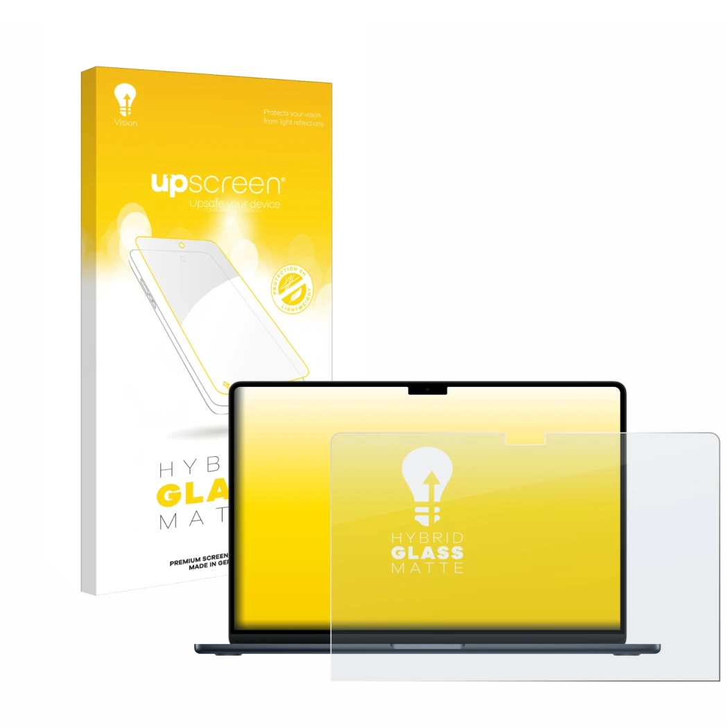 Parte frontale di una confezione del prodotto con il logo del marchio upscreen. Accanto è raffigurato il dispositivo Apple Mac