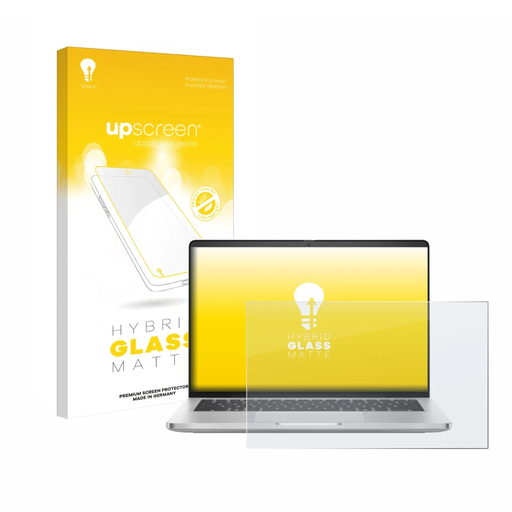 Parte frontale di una confezione del prodotto con il logo del marchio upscreen. Accanto è raffigurato il dispositivo Dell Pro 