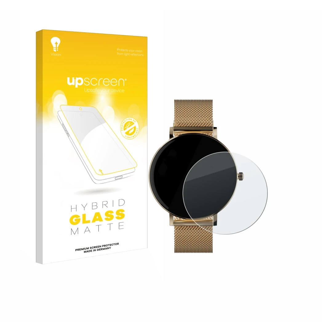 Parte frontale di una confezione del prodotto con il logo del marchio upscreen. Accanto è raffigurato il dispositivo ZenWatch 