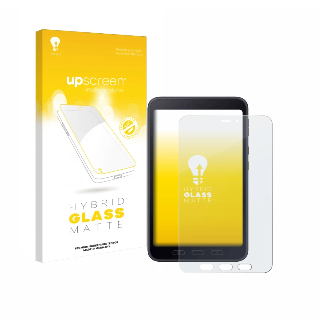 Parte frontale di una confezione del prodotto con il logo del marchio upscreen. Accanto è raffigurato il dispositivo Samsung g