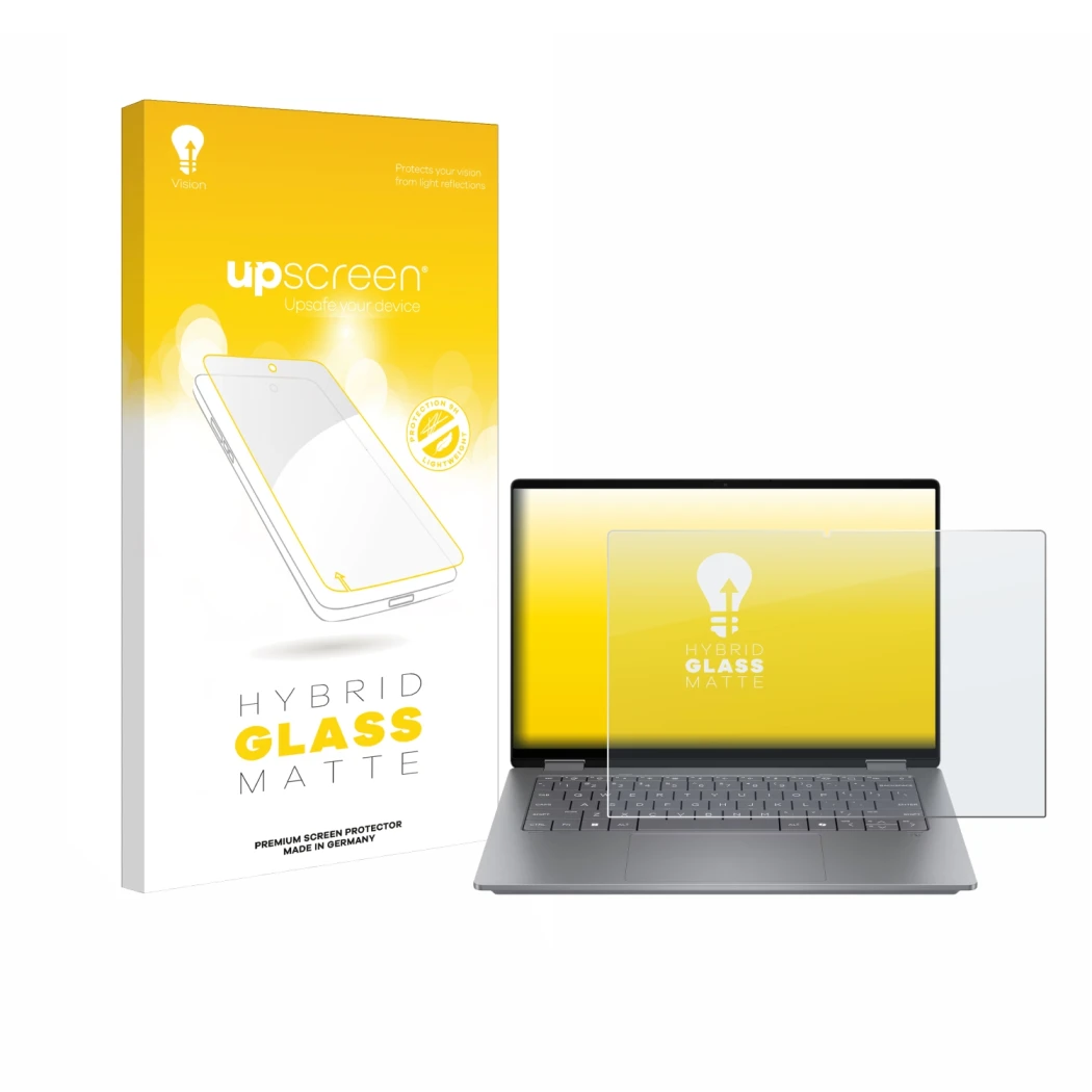 Parte frontale di una confezione del prodotto con il logo del marchio upscreen. Accanto è raffigurato il dispositivo HP OmniBo