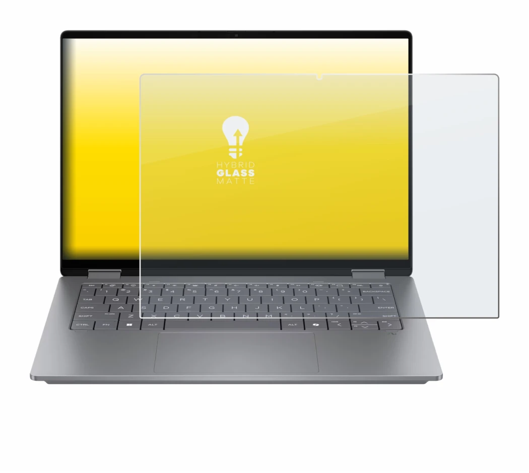 Immagine del dispositivo HP OmniBook X Flip 14 con un'ampia varietà di protezioni per lo schermo.