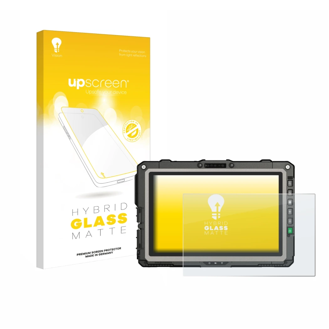 Parte frontale di una confezione del prodotto con il logo del marchio upscreen. Accanto è raffigurato il dispositivo Getac UX1