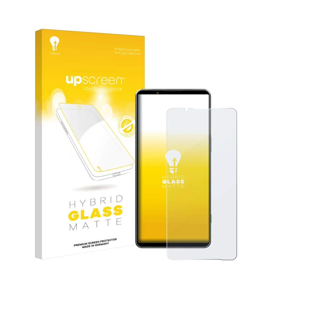 Parte frontale di una confezione del prodotto con il logo del marchio upscreen. Accanto è raffigurato il dispositivo Sony Xper