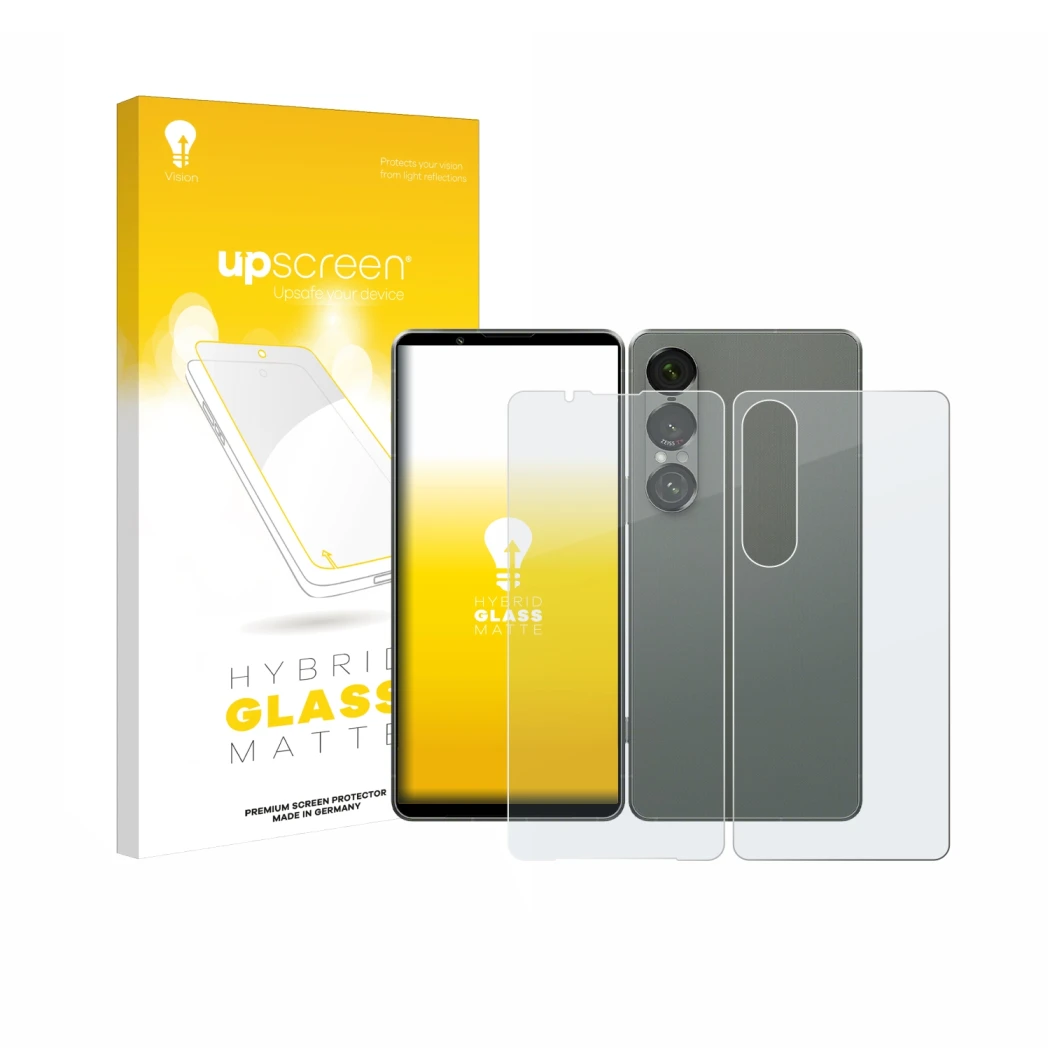 Parte frontale di una confezione del prodotto con il logo del marchio upscreen. Accanto è raffigurato il dispositivo Sony Xper