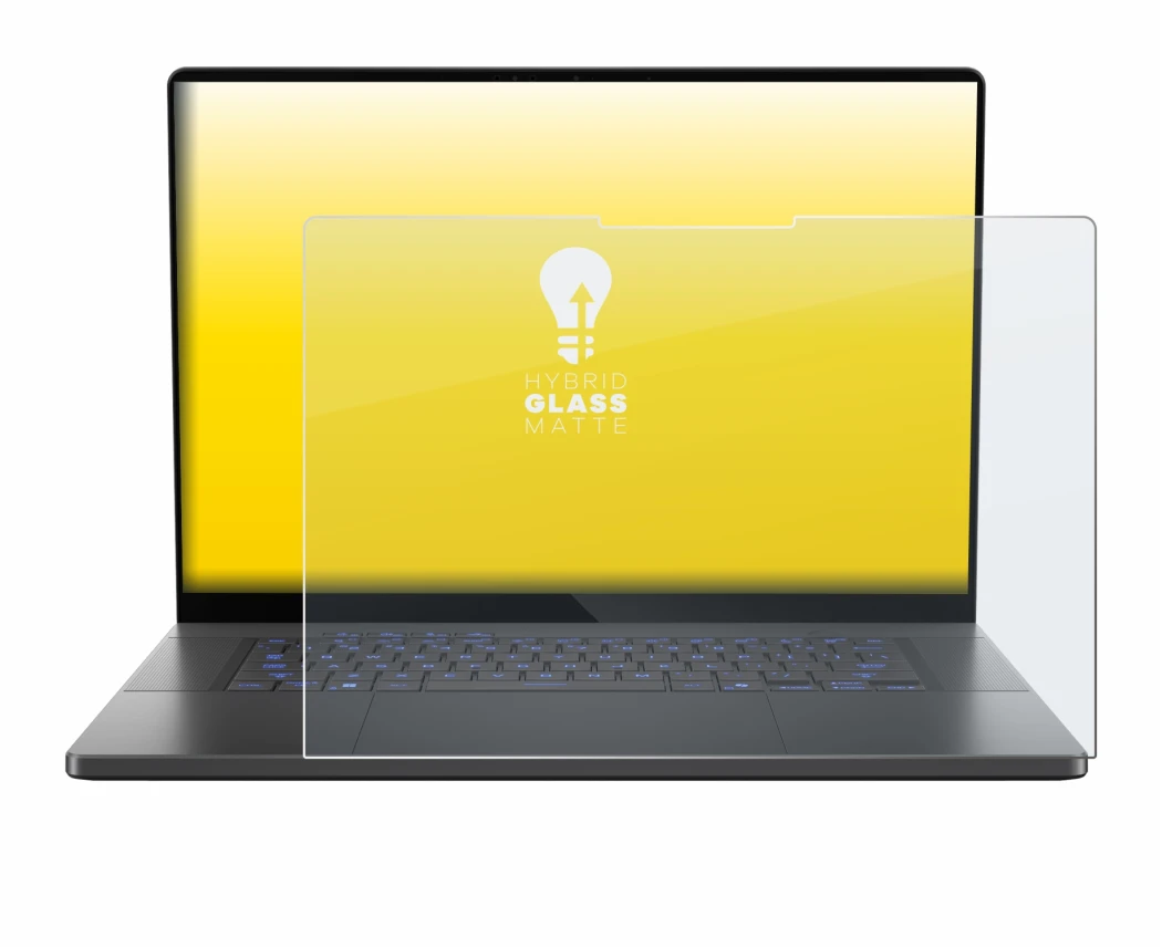 Immagine del dispositivo ASUS ROG Zephyrus G16 2025 con un'ampia varietà di protezioni per lo schermo.