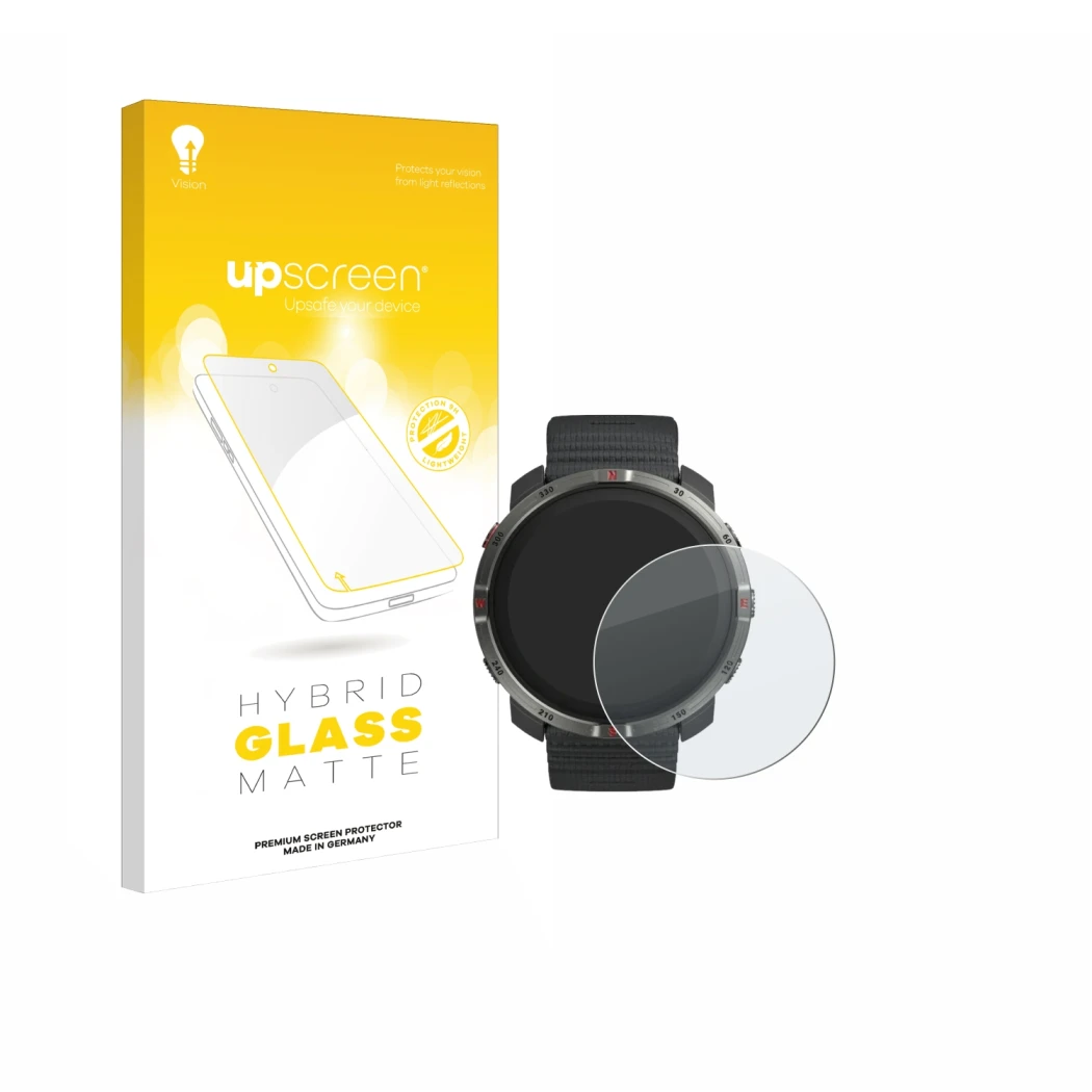 Parte frontale di una confezione del prodotto con il logo del marchio upscreen. Accanto è raffigurato il dispositivo Polar Gri