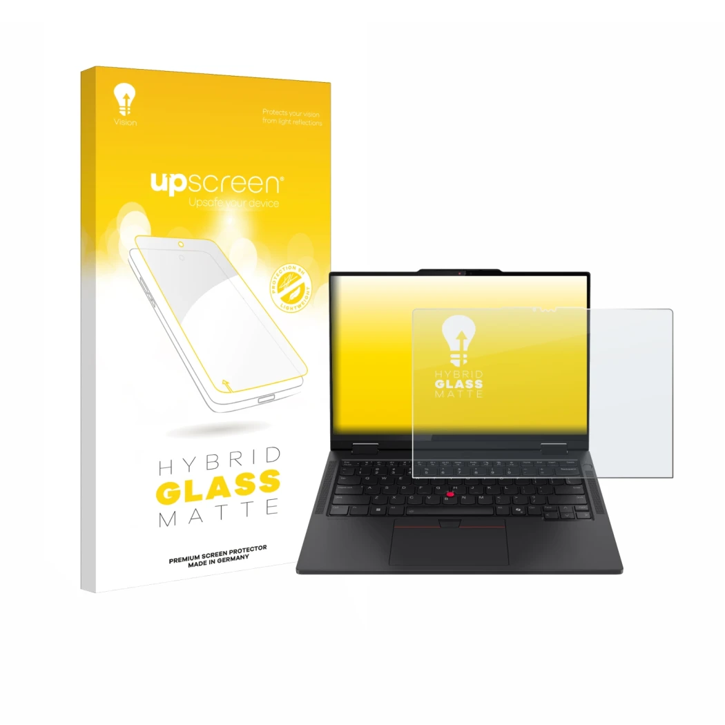 Parte frontale di una confezione del prodotto con il logo del marchio upscreen. Accanto è raffigurato il dispositivo Lenovo Th