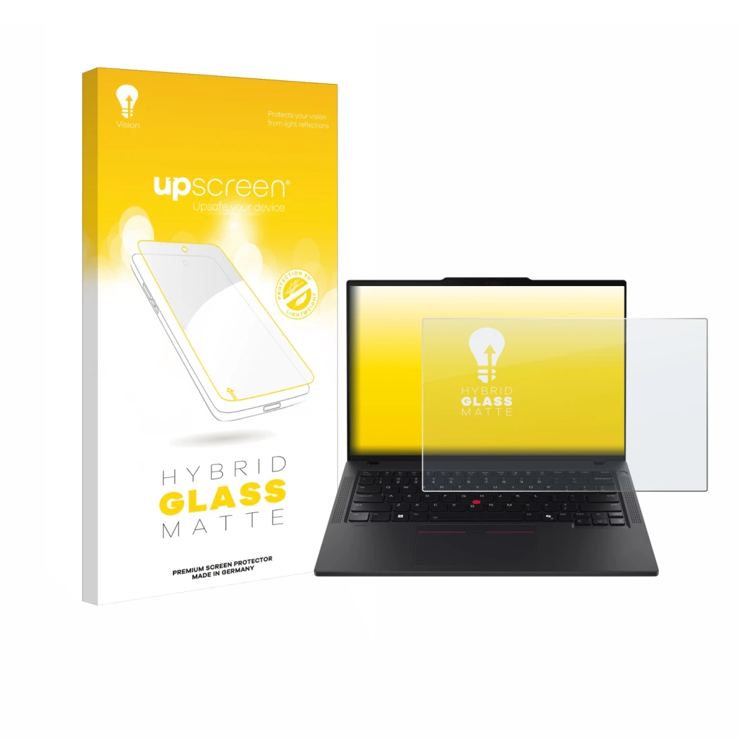 Parte frontale di una confezione del prodotto con il logo del marchio upscreen. Accanto è raffigurato il dispositivo Lenovo Th