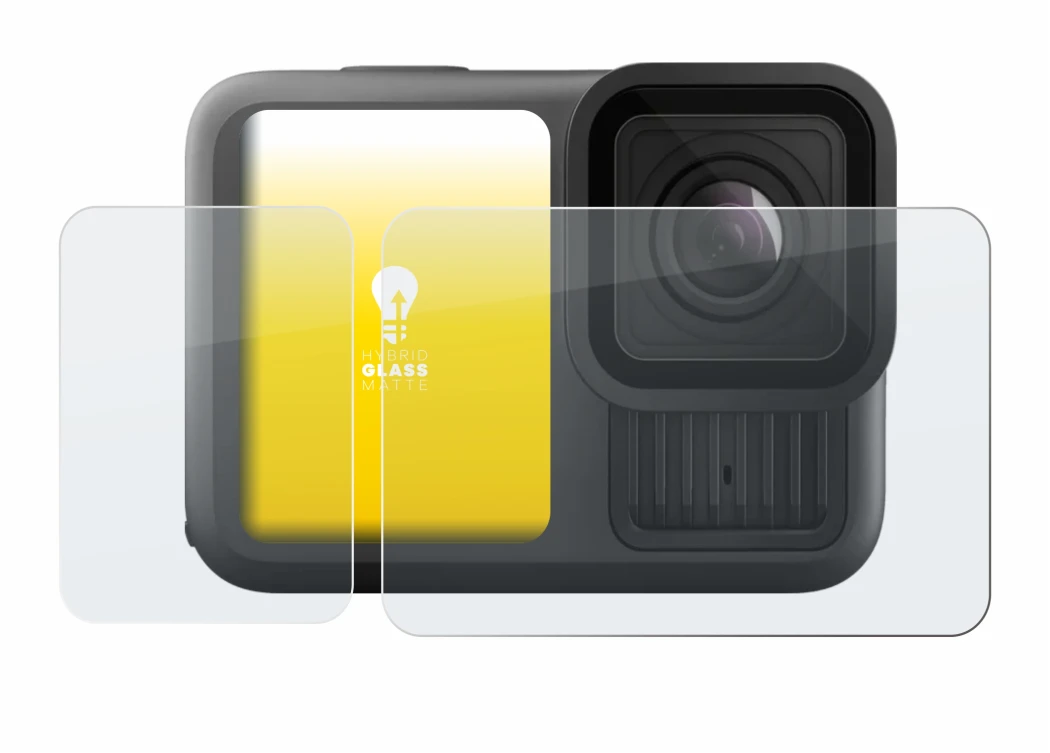 Immagine del dispositivo GoPro Hero 13 Black Creator Edition con un'ampia varietà di protezioni per lo schermo.