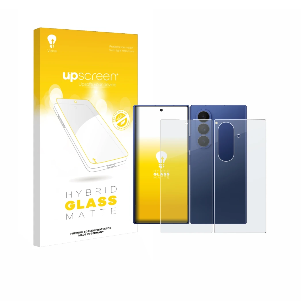 Parte frontale di una confezione del prodotto con il logo del marchio upscreen. Accanto è raffigurato il dispositivo Samsung G