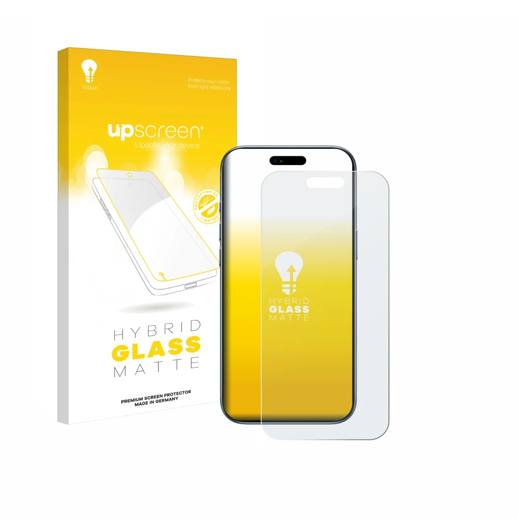 Parte frontale di una confezione del prodotto con il logo del marchio upscreen. Accanto è raffigurato il dispositivo Apple iPh