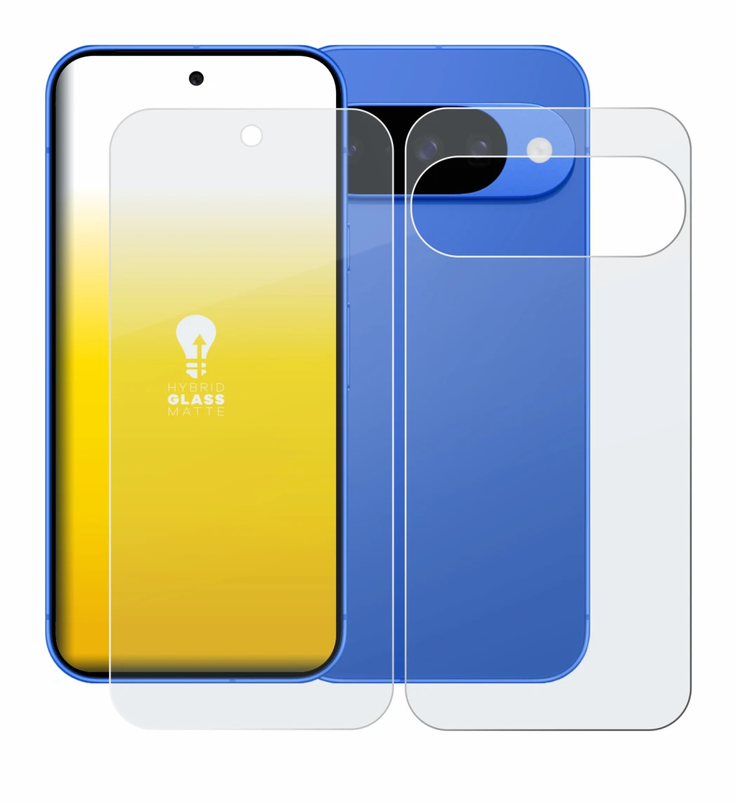 Immagine del dispositivo Google Pixel 10 (Fronte+Retro) con un'ampia varietà di protezioni per lo schermo.