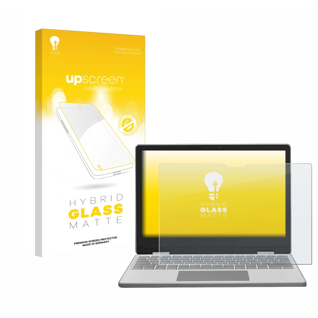 Parte frontale di una confezione del prodotto con il logo del marchio upscreen. Accanto è raffigurato il dispositivo Framework