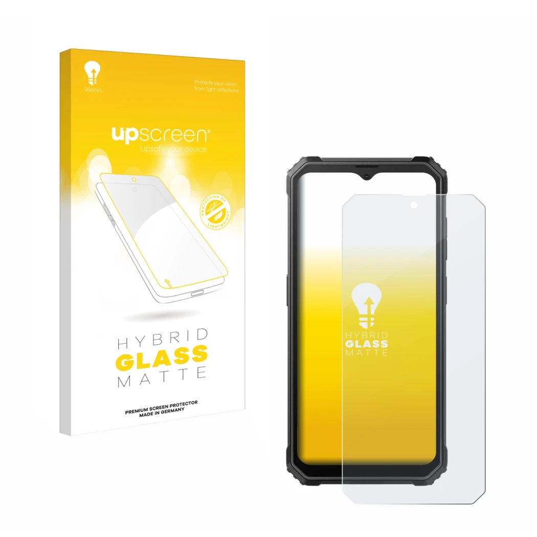 Parte frontale di una confezione del prodotto con il logo del marchio upscreen. Accanto è raffigurato il dispositivo Blackview