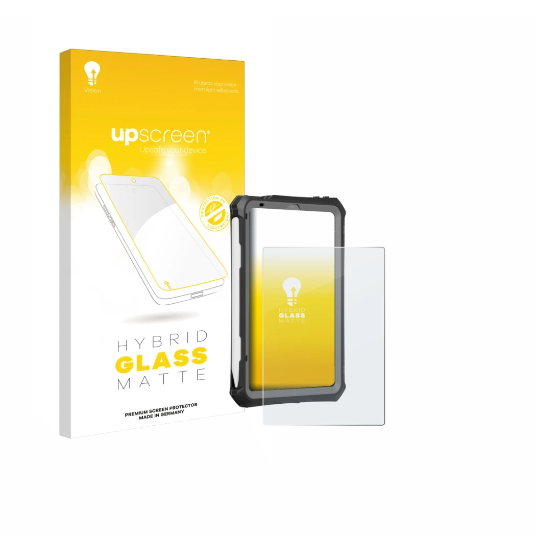 Parte frontale di una confezione del prodotto con il logo del marchio upscreen. Accanto è raffigurato il dispositivo Apple iPa