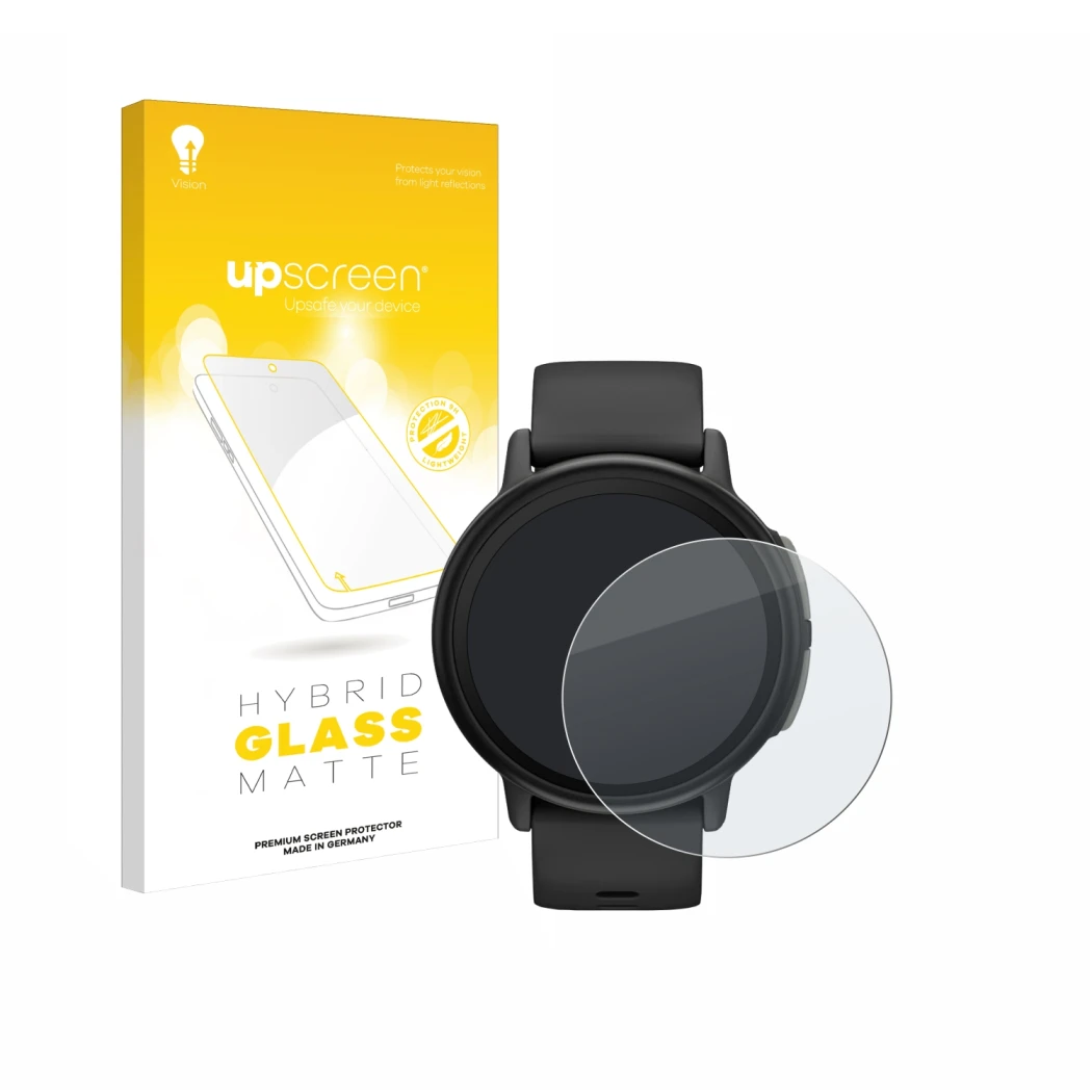 Parte frontale di una confezione del prodotto con il logo del marchio upscreen. Accanto è raffigurato il dispositivo Garmin Bo