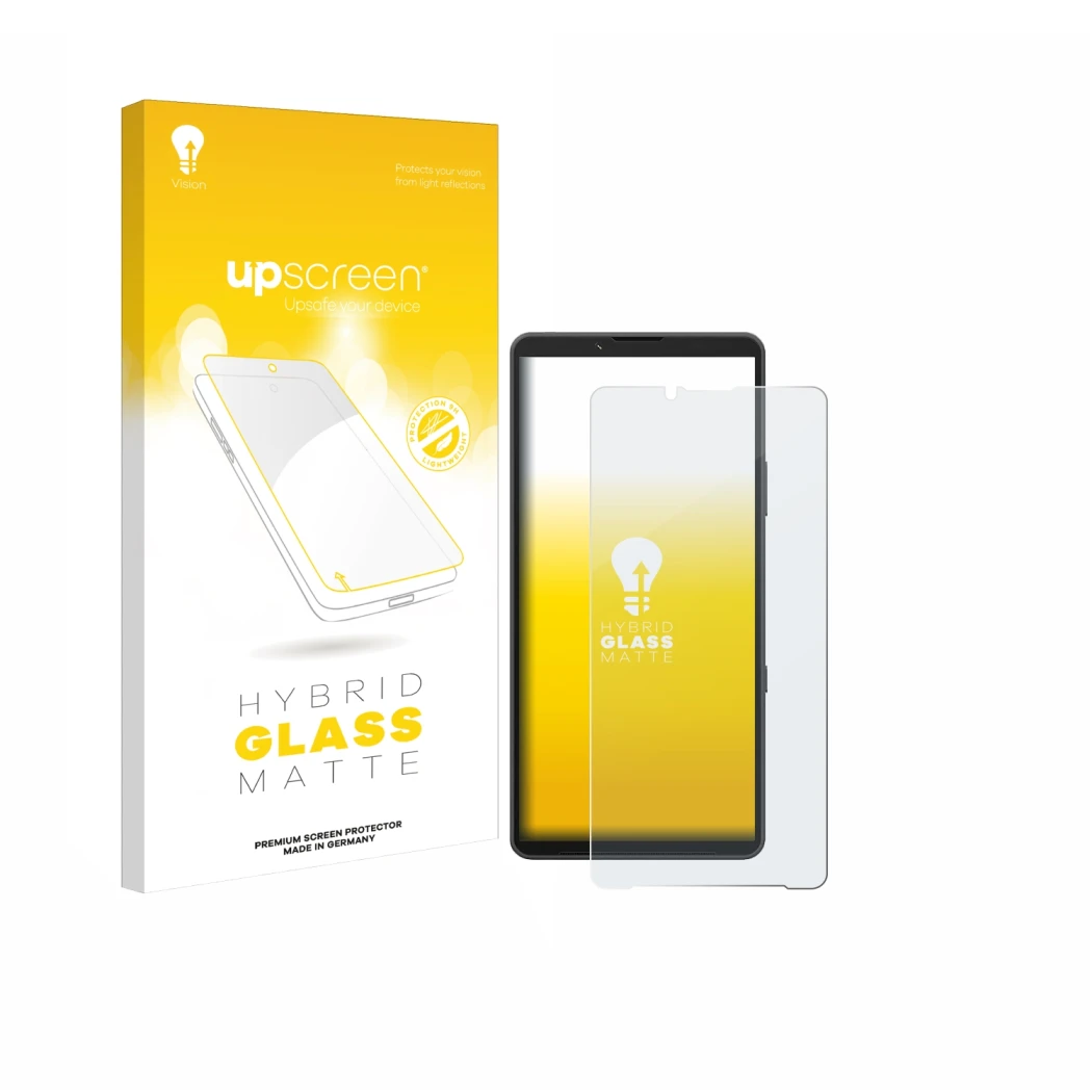 Parte frontale di una confezione del prodotto con il logo del marchio upscreen. Accanto è raffigurato il dispositivo Sony Xper