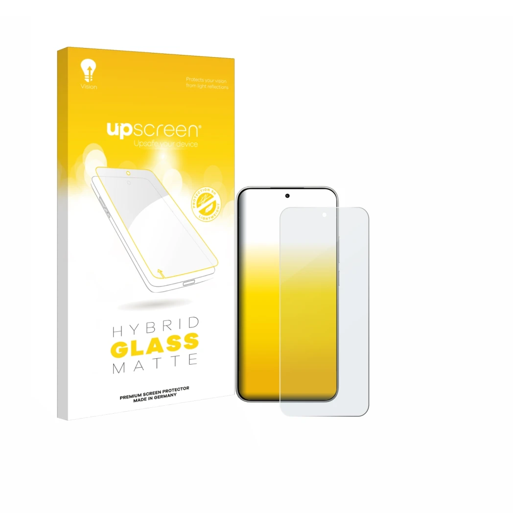 Parte frontale di una confezione del prodotto con il logo del marchio upscreen. Accanto è raffigurato il dispositivo Xiaomi 15